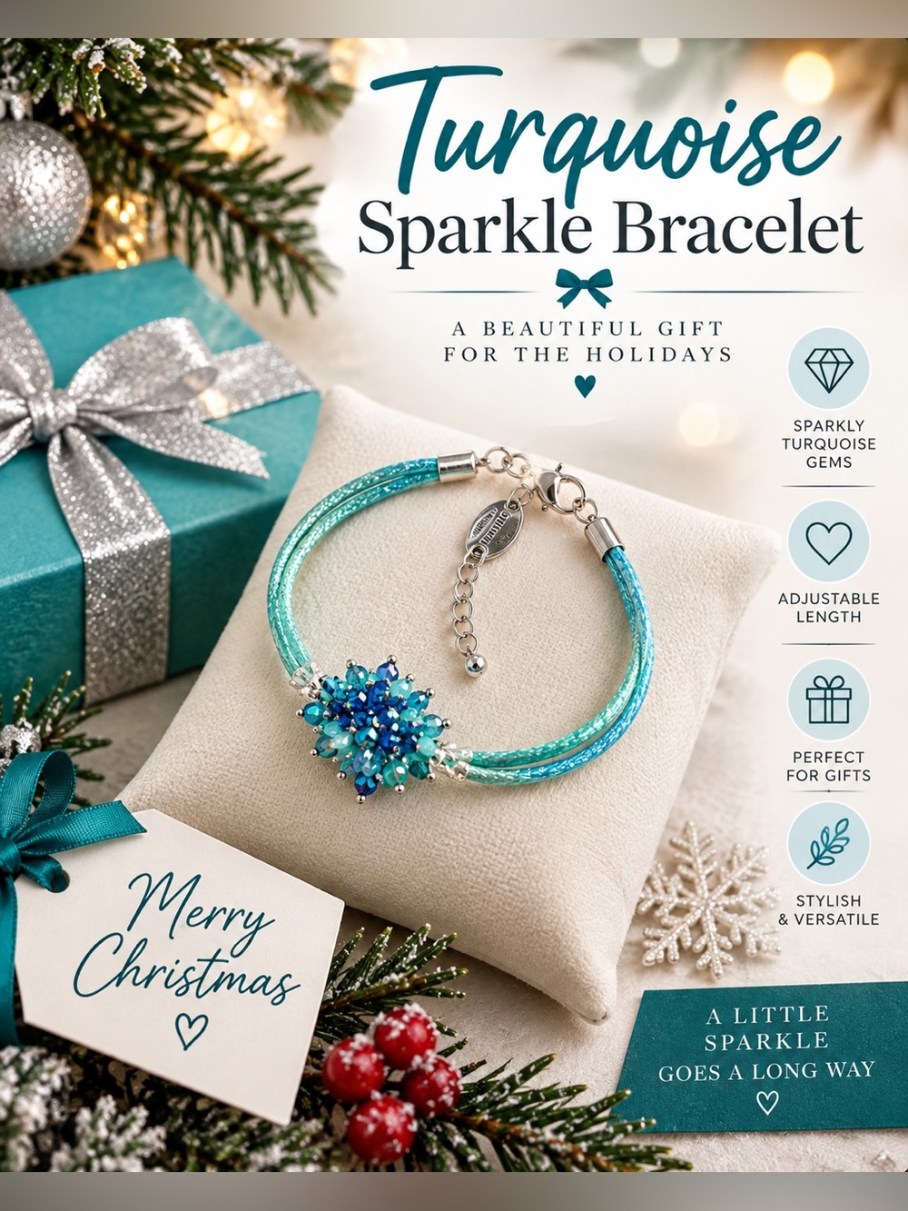 Turquoise beaded gems and double corded adjustable band, sparkly bracelet!